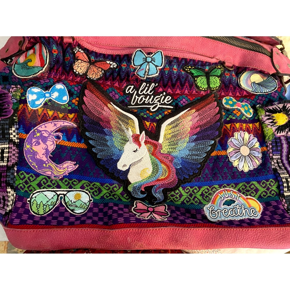Boho Patchwork Woven Tapestry Handbag Pink Unicorn Butterfly Crossbody Bag